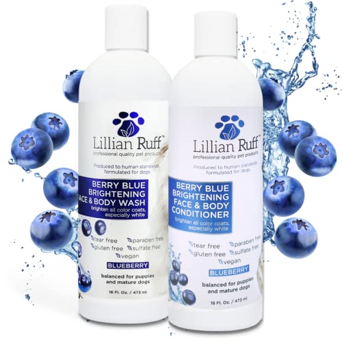Lillian Ruff Berry Blue Brightening Face and Body Wash Shampoo & Conditioner Set for Dogs & Cats - Tear Free Blueberry Shampoo - Remove Tear Stains, Hydrate Dry Itchy Skin, Add Shine & Luster to Coats