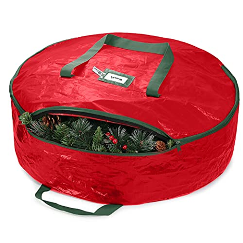 Zober Christmas Wreath Storage Container - 30 Inch Wreath Bag for Artificial Wreaths - Dual Zippered Wreath Storage W/Strong, Durable Handles - Red