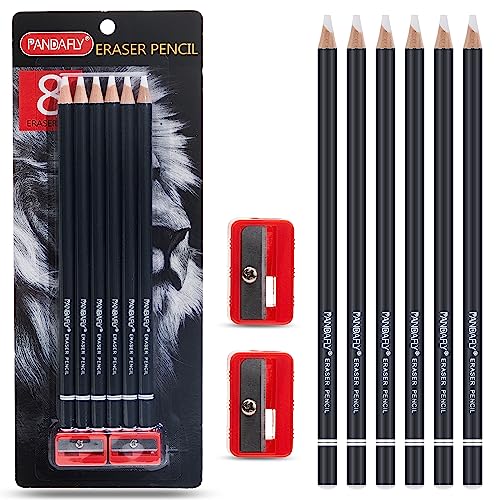 PANDAFLY Professional Eraser Pencil Set, 6pc Eraser Pencils and 2pc Sharpener, Erasing Small Details or add Highlights for Sketching, Charcoal Drawings. Fine Detail Eraser for Beginners & Artists