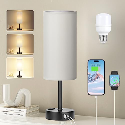 Grey Beside Table Lamp for Bedroom - 3 Way Dimmable Touch Lamp USB C Charging Ports and AC Outlet, Small Lamp Wood Base Round Flaxen Fabric Shade for Living Room, Office Desk, LED Bulb Included