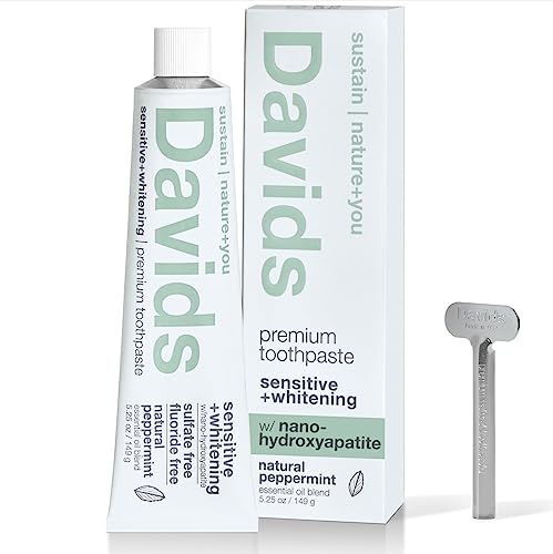 Davids Nano Hydroxyapaite Natural Toothpaste for Sensitivity, Peppermint, Flouride Free, SLS Free, Remineralize Enamel, Gentle Whitening, Toothpaste Squeezer Included, Recycable Metal Tube, 5.25oz