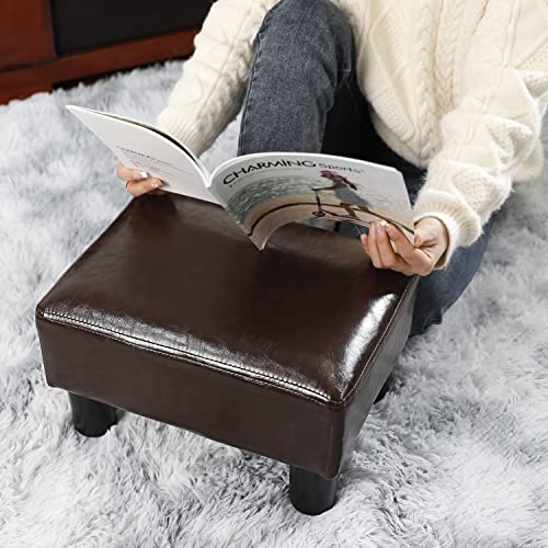 GRUNEN WOLKEN Footrest Small Ottoman Stool PU Faux Leather Modern Rectangle Seat Chair Footstool, Brown