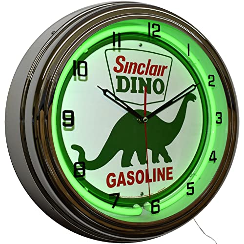 Sinclair Dino Dinosaur 15" Green Neon Light Wall Clock with Vintage Tin Metal Gasoline and Oil Sign Dial Face