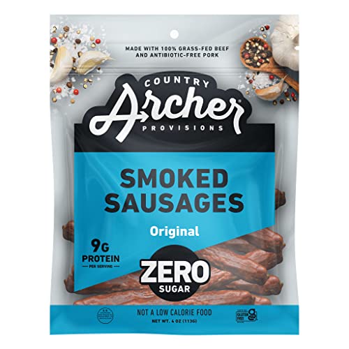 Zero Sugar Smoked Sausages by Country Archer, 100% Grass Fed & Finished Beef and All Natural Pork Sticks, Sugar free, Non-GMO, Gluten Free, High Protein, 100 Calorie Snacks, Original, 4 Ounce, 2 Pack