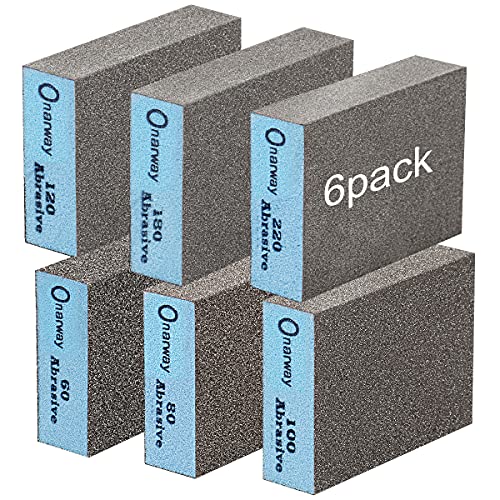 Onarway Sanding Blocks 6 Pack Wet and Dry Dual-use Sanding Sponges, Coarse and Fine - 60/80/100/120/180/220 Grits 6 Different Specifications, Washable and Reusable, Ideal for Wood Metal Wall Polish
