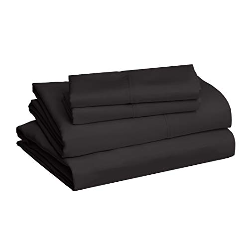 Amazon Basics Lightweight Super Soft Easy Care Microfiber 4 Piece Bed Sheet Set with 14-Inch Deep Pockets, Queen, Black, Solid