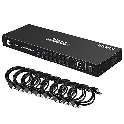 TESmart 4K UHD 16 Ports HDMI KVM Switch, Console Rack Mount Switch with 8 Pcs 5ft KVM Cable, USB 2.0 Device 16 Port Inputs, Control up to 16 Computers/Servers, with RS232 and LAN Port