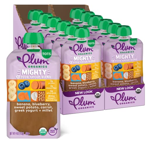 Plum Organics Mighty Food Group Blend Organic Baby Food Meals [12+ Months] Banana, Blueberry, Sweet Potato, Carrot, Greek Yogurt & Millet 4 Ounce Pouch (Pack Of 12) Packaging May Vary