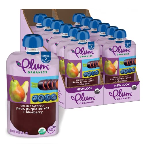 Plum Organics | Stage 2 | Organic Baby Food Meals [6+ Months] | Pear, Purple Carrot & Blueberry | 4 Ounce (Pack of 12) Packaging May Vary