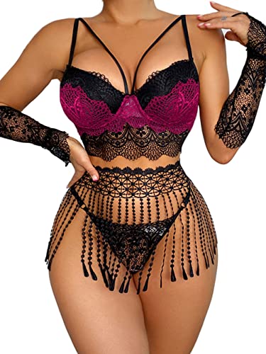 Kaei&Shi Sexy Bra And Panty Sets,Underwire Cami Gloves Floral Lace Lingerie For Women,Skirt Sheer Exotic G String Matching Two Piece Sexy Lingerie Set Valentine Day Burgundy Medium