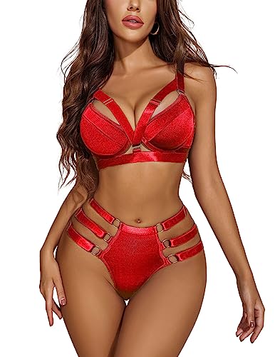Avidlove Red Lingerie for Women Sexy Strappy Lingerie Push Up Body Harness Lingerie Set (Red, XL)