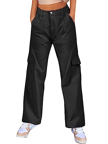 ANRABESS Women's Cargo Pants High Waisted Baggy Multiple Pockets Casual Work Pants Trendy Fashion Relaxed Fit Trousers Y2k for Teen Girls 1017dahei-M Black