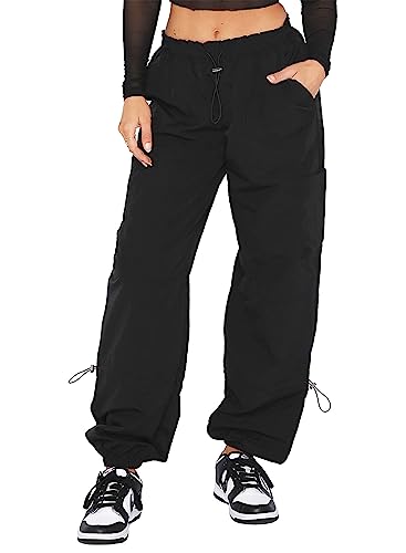 Allytok Parachute Pants for Women Y2K Baggy Jogger Pants Fashion Streetwear Drawstring Low Waist Wide Leg Trousers with Pockets Black Large