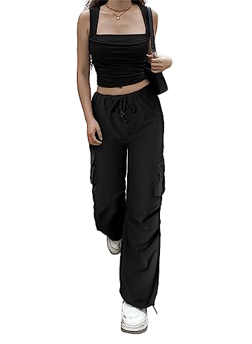 Allytok Womens Cargo Pants with Pockets Y2K Fashion 2023 Trendy Baggy Drawstring Hiking Jogger Parachute Pants for Teen Girls Black Medium