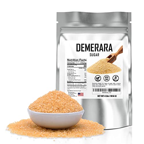 Bulk Demerara Sugar 4 lbs. Pure Unrefined Brown Crystals for Baking and Cooking. Value Size Bag.