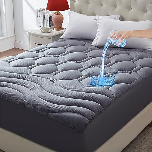 ELVEN HOME Queen Size Mattress Pad Waterproof, Super Soft Mattress Cover Breathable Quilted, Cooling Fluffy Mattress Topper Noiseless Protector Fitted Deep Pocket 8-21 (Grey,Queen)