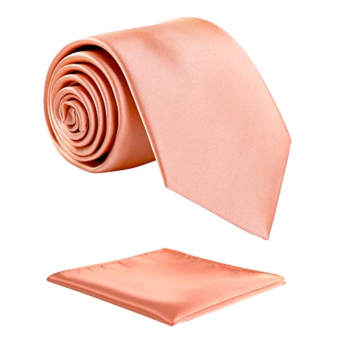 fortunatever Mens Solid Satin Neckties With Gift Box+Pocket Square(Peach Pink)
