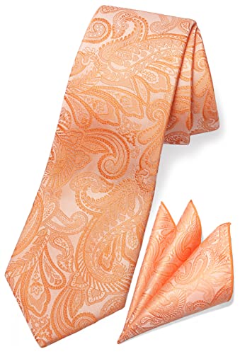 TaecMin Peach Tie Salmon Ties for Men Paisley Neckties and Pocket Squares Set for Weddings