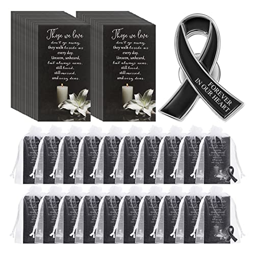 60 Set Funeral Ribbon Pins Ribbon Awareness Lapel Pin Remembrance Ribbon Brooch with Prayer Cards Organza Bags for Funeral (Black)