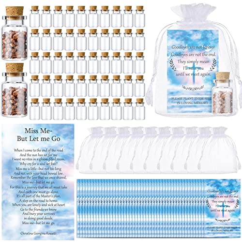 50 Sets Funeral Favors Set 50 Pcs Celebration of Life Prayer Cards for Memorial 50 Pcs Seeds Glass Bottles with Cork Stopper 50 Pcs Organza Bags for Funeral Bereavement Loss of Loved One, No Seeds