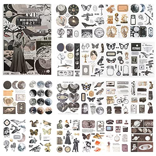 Vintage Aesthetic Stickers Book for Journaling - 20 Sheets Transparent PET Black White Celestial Antiquarian Stickers Decal Set for Art Bullet Junk Journal Planners DIY Notebook Collage Album Cottagecore Picture FramesAbove the moon