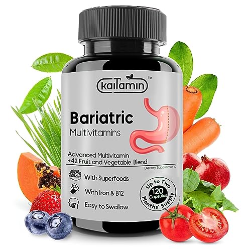 Kaitamin Bariatric Multivitamin with Iron - Easy-to-Swallow Capsule for Post Bariatric Surgery - Post Sleeve and Post Bypass with 42 Fruit & Veggies Blend - 120 Liquid Capsules - 2 Months Supply