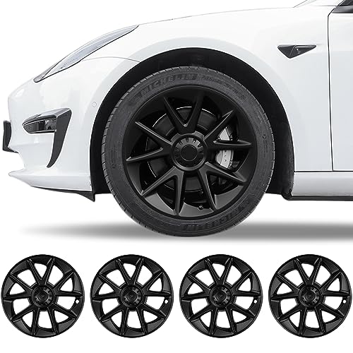 Klutchtech Tesla Model 3 Wheel Covers - 18 Inch Aero Hubcaps Car Replacement HubCap Kit 18'' Tesla Wheel Cover Compatible with Tesla Model 3 Accessories 2021-2023 (Matte Black - 4 Pack)