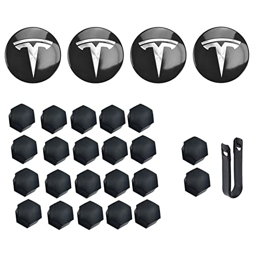 Powlamks Wheel Center Hub Cap Kit for Tesla Model 3 18" Aero Wheels & Model Y 19" Gemini Wheels (4 Hub Center Cap + 22 Lug Nut Cover) Silver Tesla Accessories