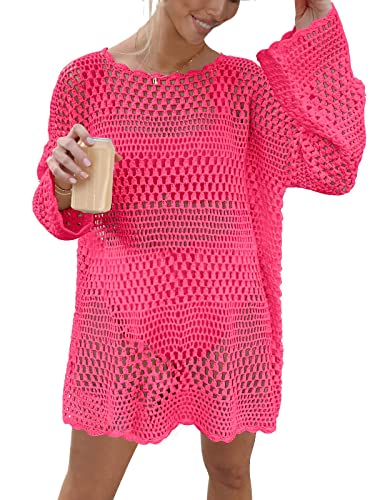 Prinbara Cover Ups for Swimwear Women Bathing Suit Crochet Swim Dress Beach 2023 Swimsuit Outfits Sweater Mesh Outfit Summer Hollow Out Bikini Clothes Knitted Pullover 9PA58-meifen-L Rose