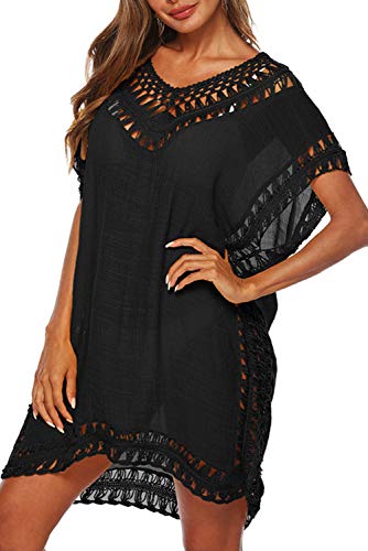 Adisputent Swimsuit Cover Ups for Women Plus Size Black Chiffon Beach Wear Mesh Tassel Crochet Bathing Suits Coverups Swimwear Dress, Black