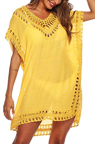 SIAEAMRG Swimsuit Cover Ups for Women, V Neck Hollow Out Swim Coverup Crochet Chiffon Summer Beach Dress (Yellow, One-Size)
