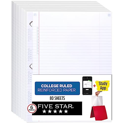 Five Star Loose Leaf Paper + Study App, Notebook Paper, College Ruled Filler Paper, Reinforced, Fights Ink Bleed, 8.5 x 11, 80 Sheets per Pack (170025), White, 6 Pack