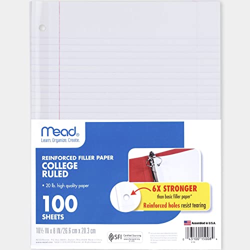 Mead Loose Leaf Paper, Notebook Paper, College Ruled Filler Paper, Reinforced, 8 x 10.5, 100 Sheets (15008)