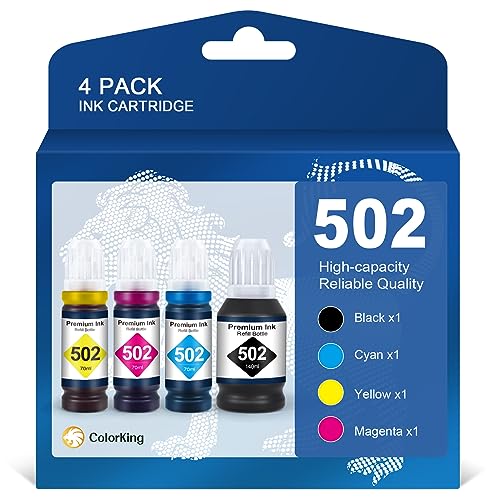 ColorKing Compatible Ink Bottle Replacement for 502 T502 Refill Ink for ET-2760 ET-2750 ET-3760 ET-4760 ET-3750 ET-4750 ET-3710 ET-15000 ET-3700 2700 Printer (Black, Cyan, Magenta, Yellow, 4 Pack)