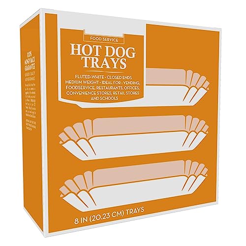 100 Paper Hot Dog Trays | White Hot Dog Wrappers | 8 Inch Hotdog Tray Holders Plates | Disposable Fluted Hotdog Boats | Hotdog Container - Concession Stand Trays - Hot Dog Cart Accessories