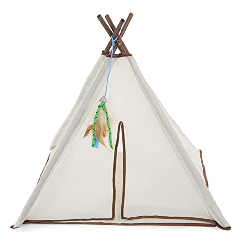 SmartyKat Kitty Camp Crinkle Cat Tent Hideaway with Feather Toy - Beige, One Size