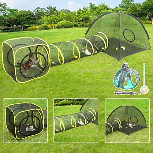 Outdoor Cat Enclosures for Cats Indoor, Portable Cat Mesh Tent, Outdoor Cat Tunnel, Cat Playhouse with Adjustable Cat Harness and Leash for Walking, Colorful Tease Cat Ball for Small Animals