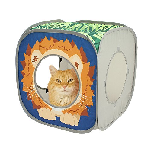Kitty City Safari Play Cubee, Cat Cube, Play Kennel, Cat Bed, Jungle Cat House, Multicolor, 15 H x15 W inches