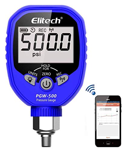 Elitech PGW-500 Wireless Digital Pressure Gauge with Temperature App Alerts for HVAC System IP65 Waterproof -14.5~500 PSI 1/8'' NPT