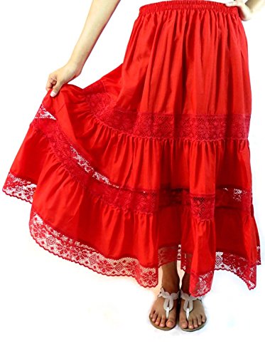 Traditional Artesenias Mexican Laced Skirts for Women, Maxi Skirts, Long Boho Skirt, Ethnic Flowy Skirt - Made in Mexico (Red)