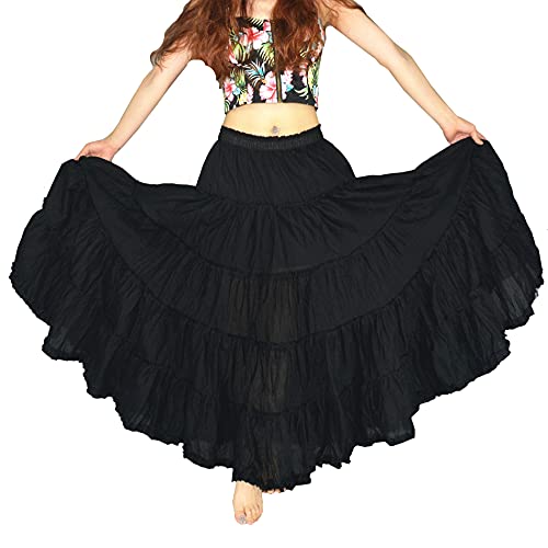 YSJERA Women's Cotton 5 Tiered A Line Pleated Maxi Skirt Long Boho Gypsy Dance Skirts (One Size,Black)