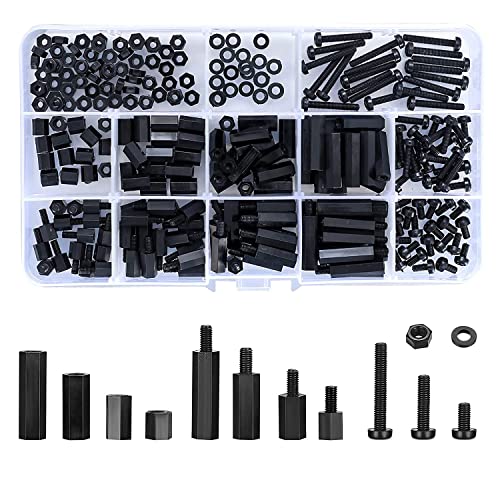 260 Pcs M3 Male Female Nylon Hex Spacer Standoffs Screws Nuts, Nylon Hex Threaded Pillar Spacer Standoffs Screws Nuts Assortment Kit for PCB Motherboard Circuit Board - Black