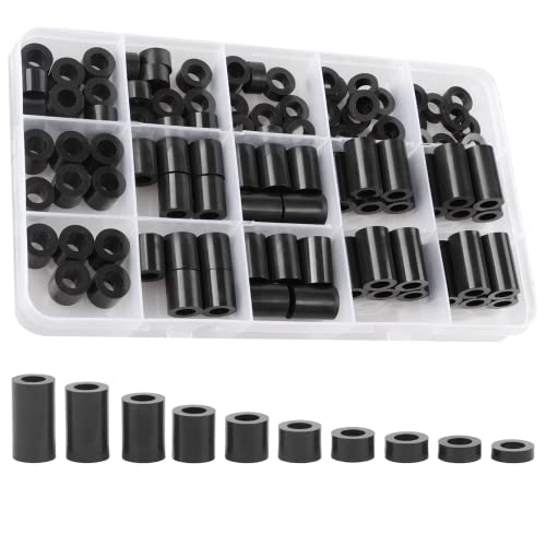 Exqutoo Black ABS Round Washers ID 6.2mm,OD 11mm, 3mm 4mm 5mm 6mm 8mm 10mm 15mm 18mm 20mm Length, Assortment Kit, Non-Threaded, Suitable for M6 Screws Hardware Spacer Bracket