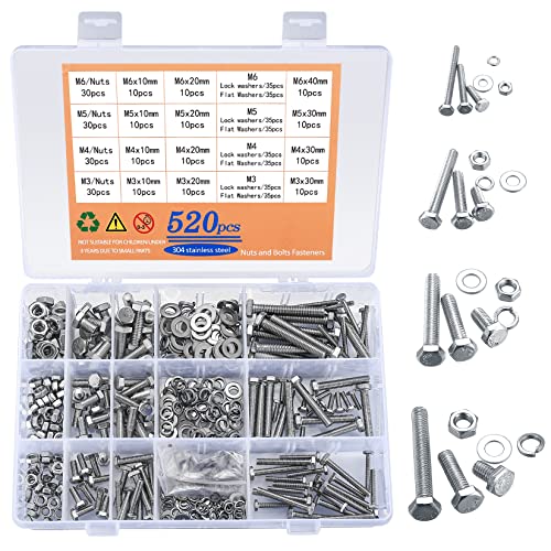 520 Pcs Hex Head Bolts and Nuts and Flat Washers Assortment Kit, M3/M4/M5/M6 Heavy Duty Stainless Steel Fully Threaded Machine Screws and Nuts Bolts and Washers Kit