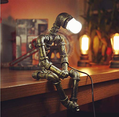 PUPERY Steampunk Table Lamp,Retro Industrial Bronze Pipe Robot Desk Lamp with 2 Edison Bulbs Lamp Creative Gift