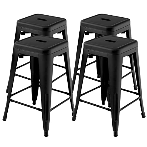 COSTWAY Bar Stools Set of 4, 24 Stackable Metal Stools with Square Seat & Handing Hole, X-Shaped Reinforced Design, Backless Bar Chairs for Kitchen, Dining Room, Pub (Black, 24)