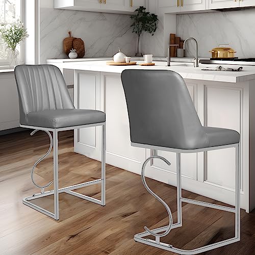 Ollega 24" Counter Height Bar Stools Set of 2, Grey Bar Stools with Back and Sliver Metal Frame, Modern Luxury Barstools with Footrest, Upholstered PU Leather Counter Stool Chairs for Kitchen Island