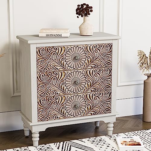 HOMPUS End Table w Flower Pattern, Nightstand w 3 Storage Drawers, Small Night Stand w Wood Grain Finish, Accent Table Side Table, Small Chest Cabinet for Living Room, Bedroom, Light Grey Grain