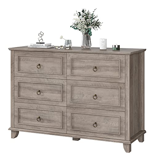 HOSTACK 6 Drawer Double Dresser for Bedroom, Modern Farmhouse Chest of Drawers, Wood Storage Dresser Cabinet for Closet, Living Room, Entryway and Hallway, Ash Grey