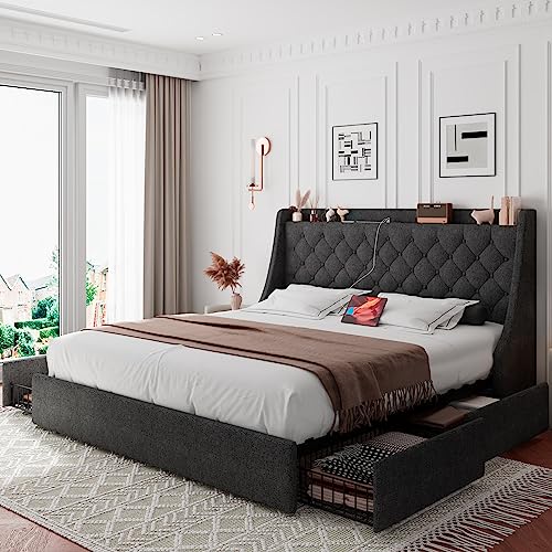 iPormis Queen Bed Frame with 4 Storage Drawers, Upholstered Platform Bed Frame with Type-C & USB Ports, Wingback Storage Headboard, Solid Wood Slats, No Box Spring Needed, Dark Gray